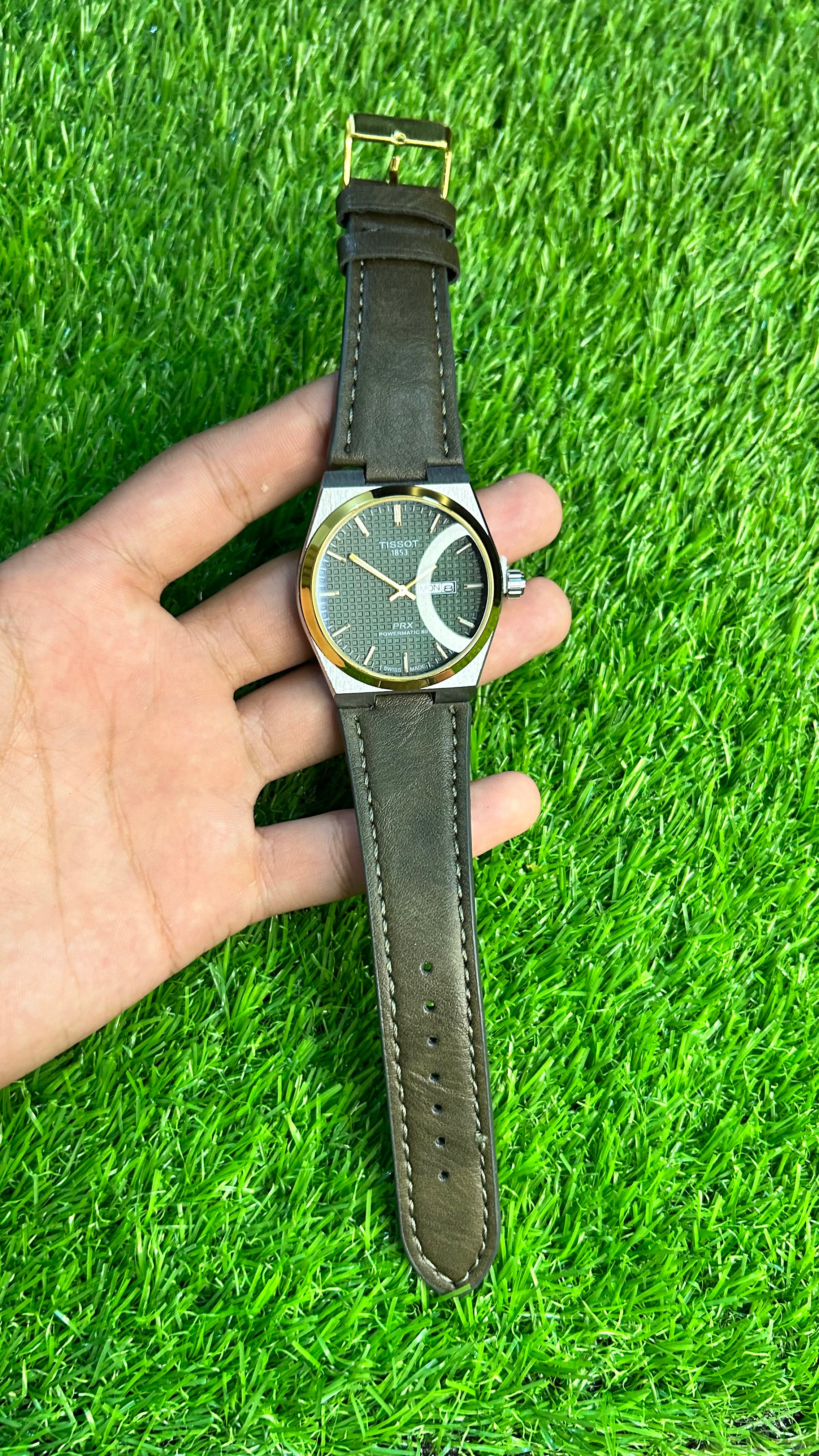 Tissot PRX-Style Automatic Watch – Black Textured Dial with Leather Strap