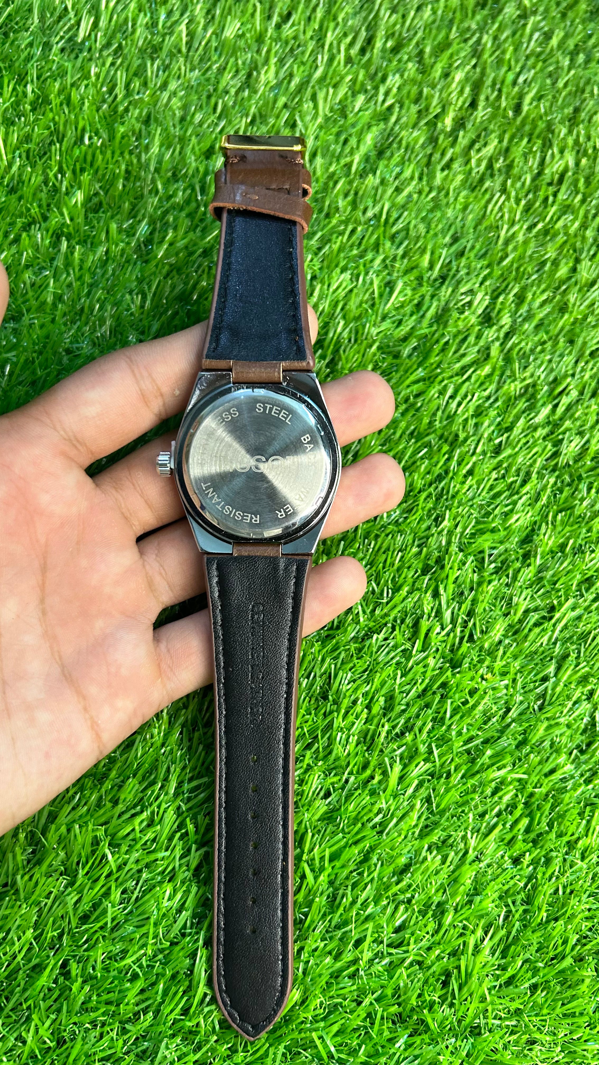 Men’s Gold Dial Day-Date Watch with Brown Leather Strap