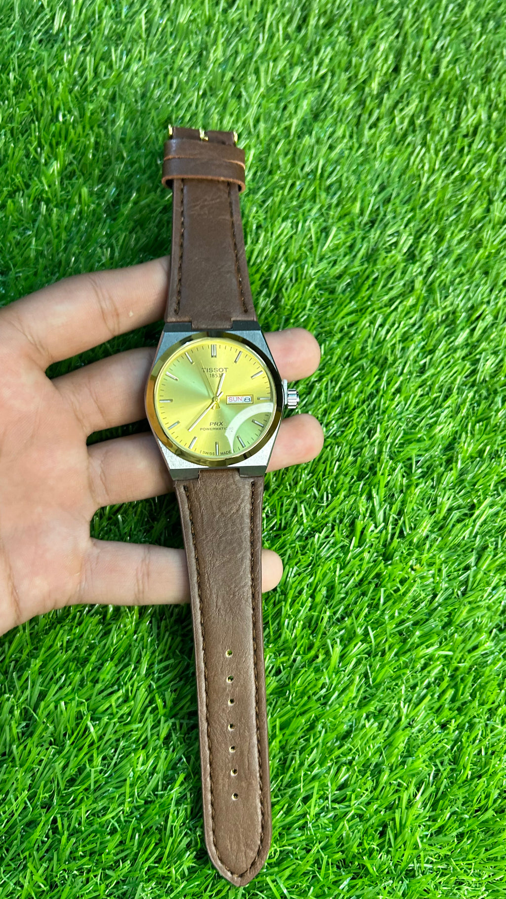 Men’s Gold Dial Day-Date Watch with Brown Leather Strap