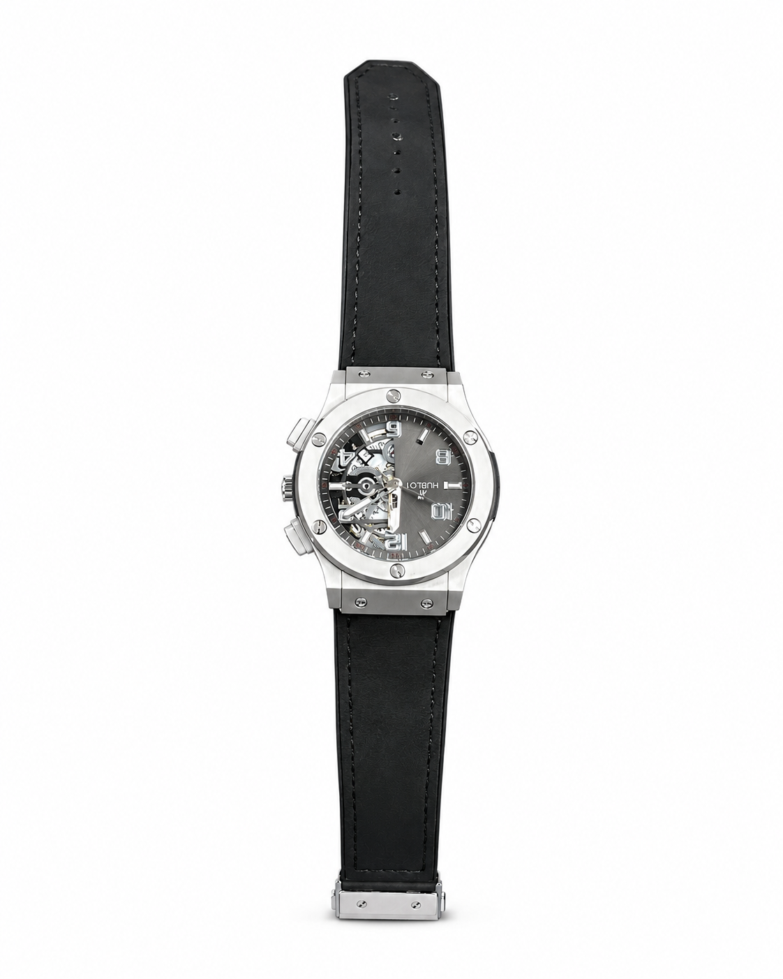 Men’s Silver Skeleton Automatic Watch – Black Leather Strap & Luxury Mechanical Design