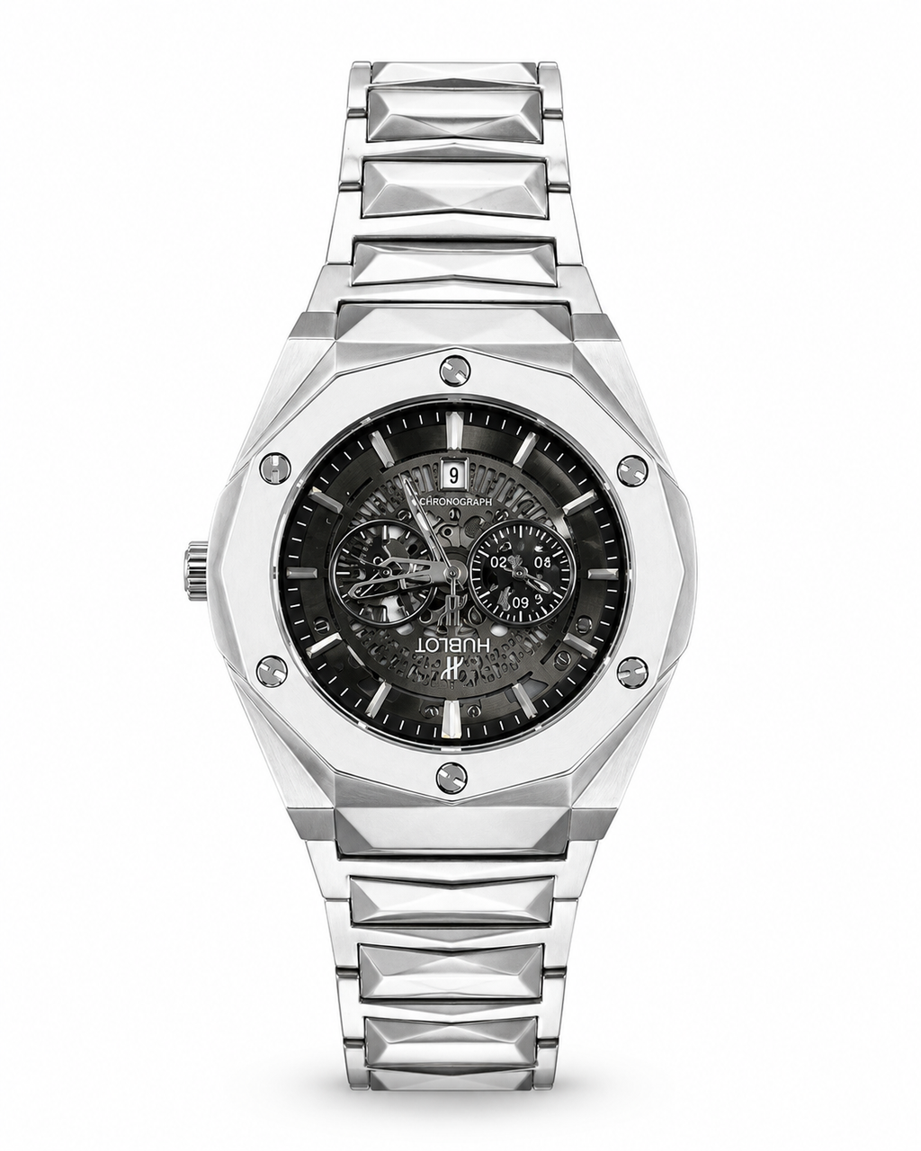 Men’s Silver Chronograph Watch – Stainless Steel Bracelet & Luxury Design